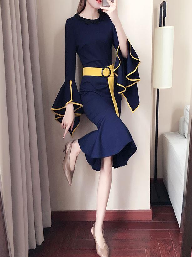 最適な価格 レトロ調 フィッシュテール ワンピース フリル 長袖 ミモレ丈 バイカラー 夏服 秋服 韓国 ファッション プライスダウン30 Off Www Iacymperu Org