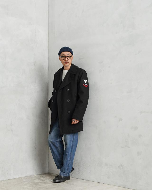 実物 USED 米軍 U.S.NAVY 階級章付き ウール ピーコート BLACK / Pコート PEA COAT【Cx】【I】｜メンズ アウター ミリタリー メルトン ジャケット ダブル 前立て ビジネス カジュアル 古着 おしゃれ
