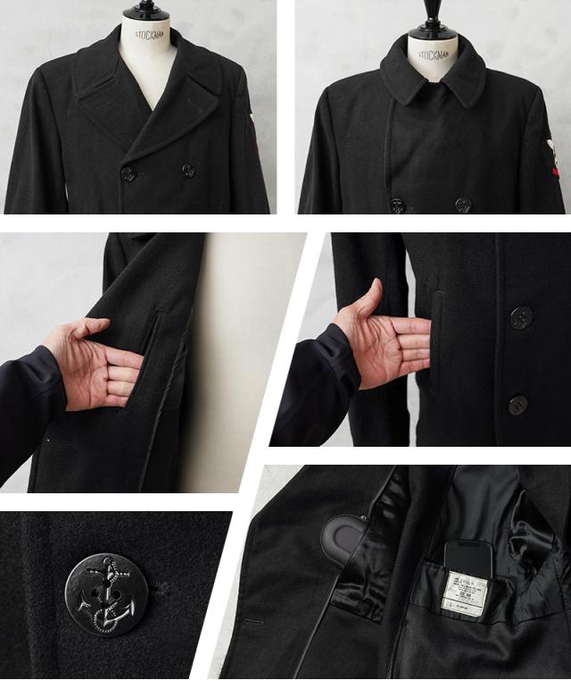 実物 USED 米軍 U.S.NAVY 階級章付き ウール ピーコート BLACK / Pコート PEA COAT【Cx】【I】｜メンズ アウター ミリタリー メルトン ジャケット ダブル 前立て ビジネス カジュアル 古着 おしゃれ