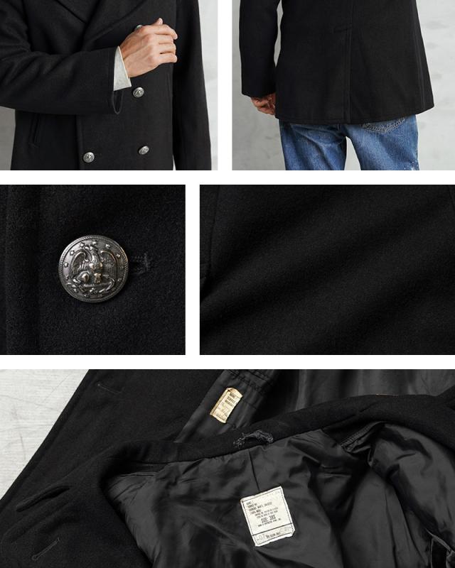 実物 USED 米軍 U.S.NAVY 70〜80’s MELTON（メルトン）ウール ピーコート シルバーボタン BLACK / Pコート PEA COAT【Cx】【I】｜メンズ アウター ミリタリー メルトン ジャケット ダブル 前立て ビジネス カジュアル 古着 おしゃれ