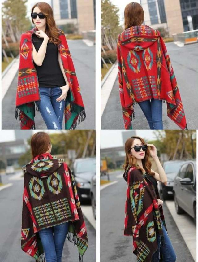 フード付 エスニック柄 ポンチョ