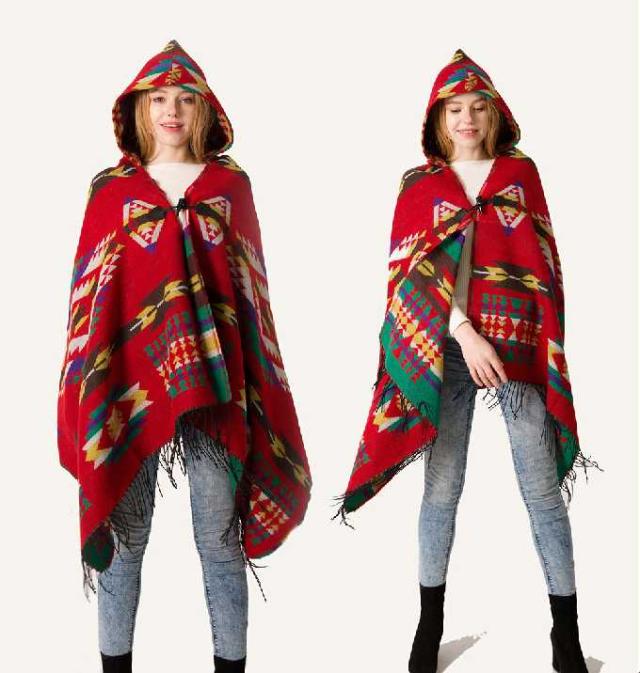 フード付 エスニック柄 ポンチョ