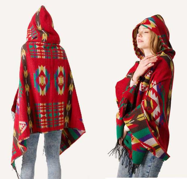 フード付 エスニック柄 ポンチョ