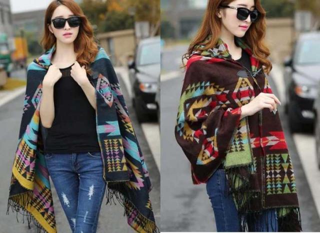 フード付 エスニック柄 ポンチョ