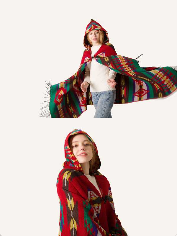 フード付 エスニック柄 ポンチョ