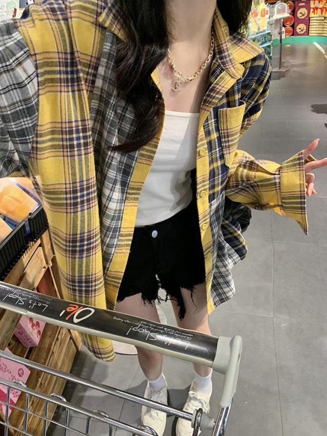 パッチワーク風　チェックオーバーシャツ