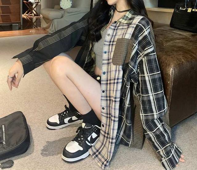 パッチワーク風　チェックオーバーシャツ