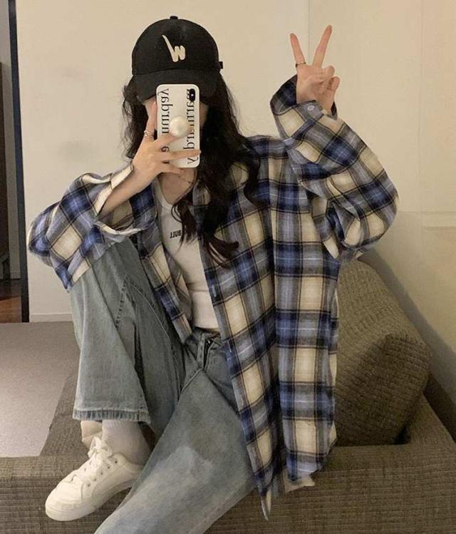 パッチワーク風　チェックオーバーシャツ