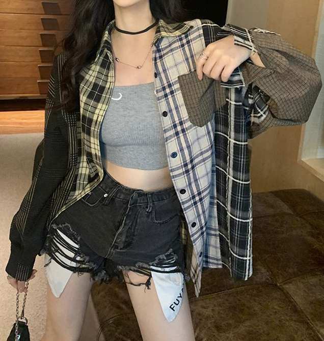 パッチワーク風　チェックオーバーシャツ