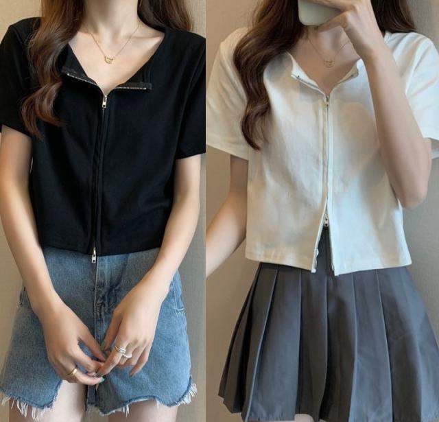 半袖 トップス Tシャツ 前ファスナー ダブルファスナー