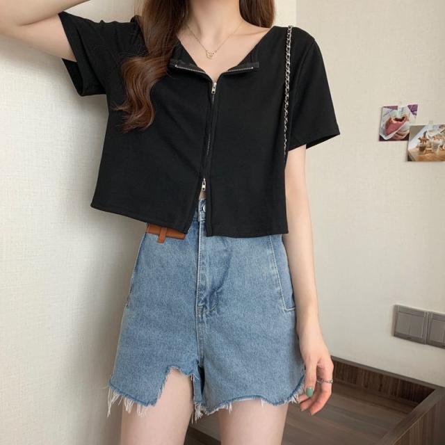 半袖 トップス Tシャツ 前ファスナー ダブルファスナー