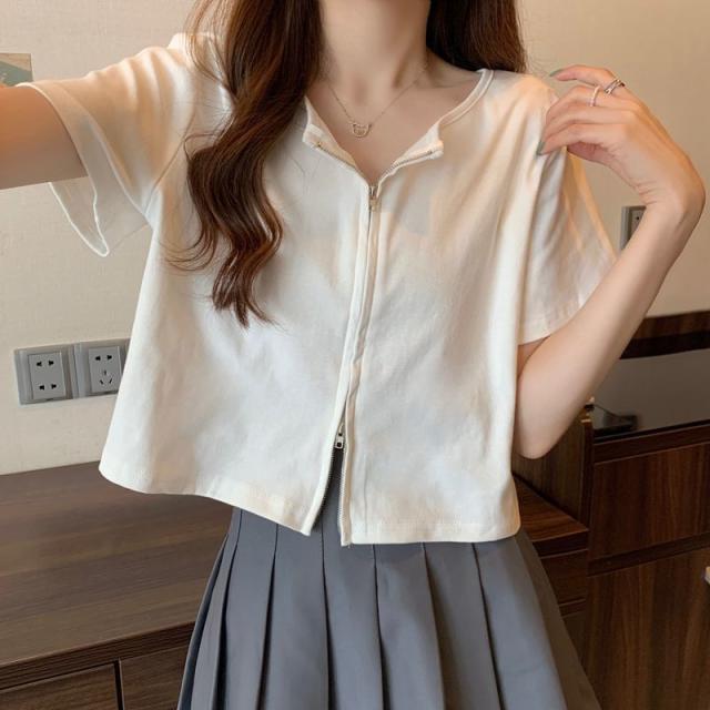 半袖 トップス Tシャツ 前ファスナー ダブルファスナー