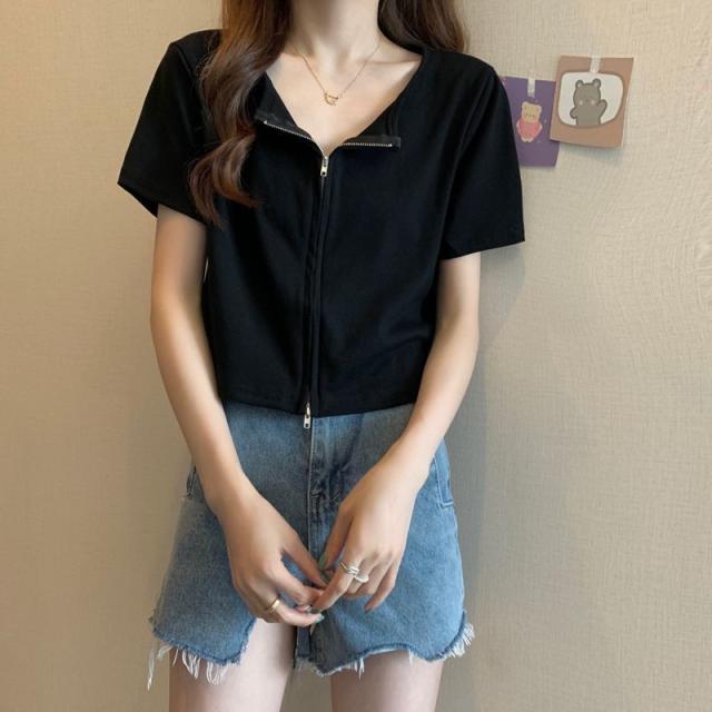 半袖 トップス Tシャツ 前ファスナー ダブルファスナー