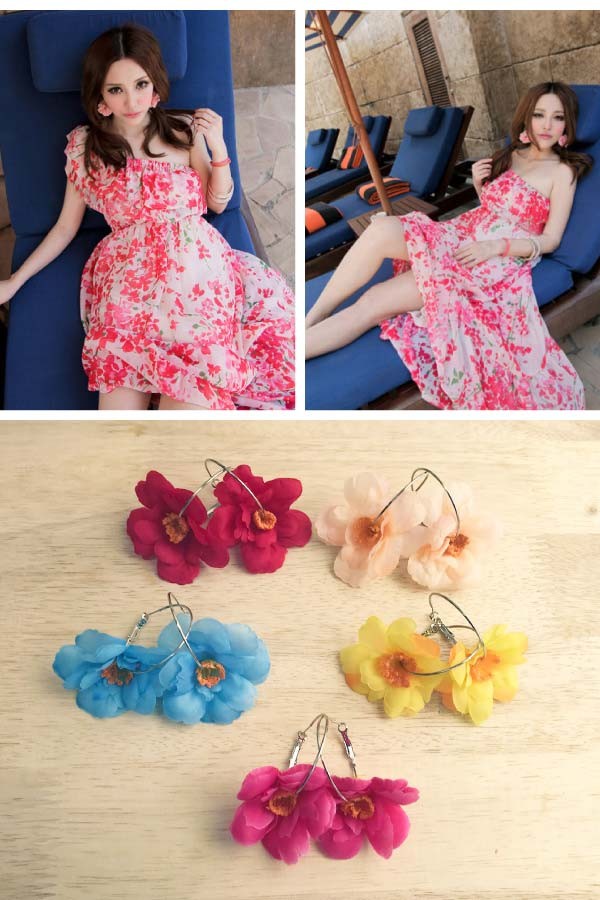 造花鮮やか牡丹のフープピアス