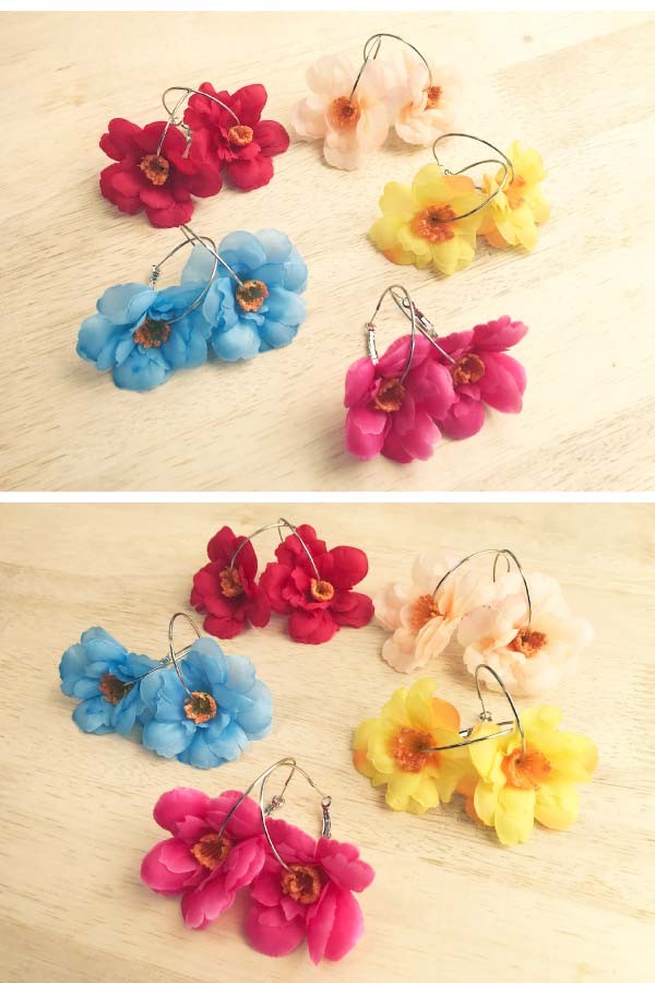 造花鮮やか牡丹のフープピアス