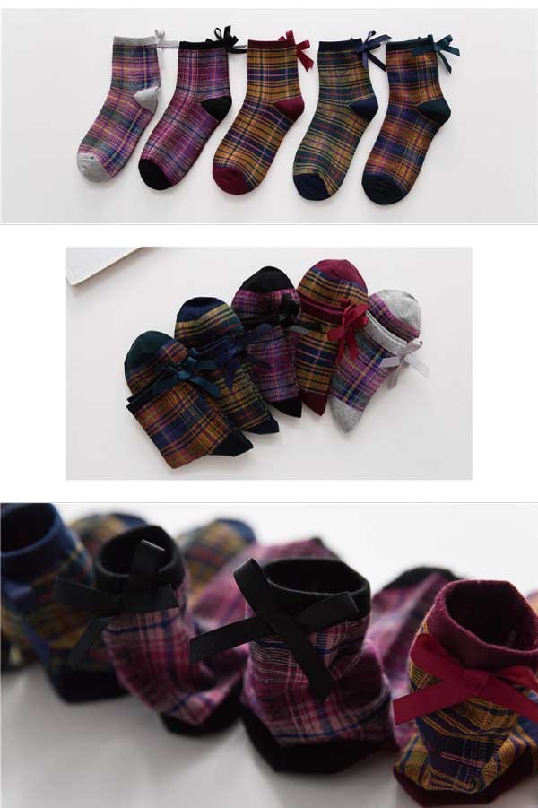 バックリボン タータンチェックショートソックス