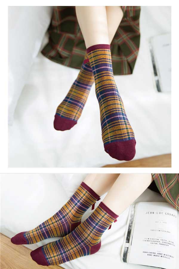 バックリボン タータンチェックショートソックス