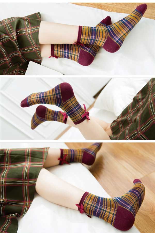 バックリボン タータンチェックショートソックス