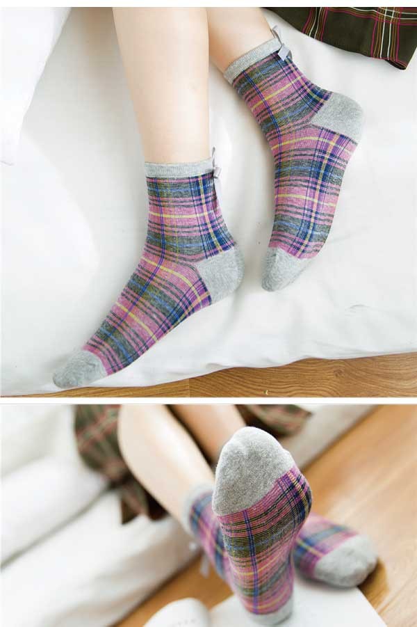 バックリボン タータンチェックショートソックス