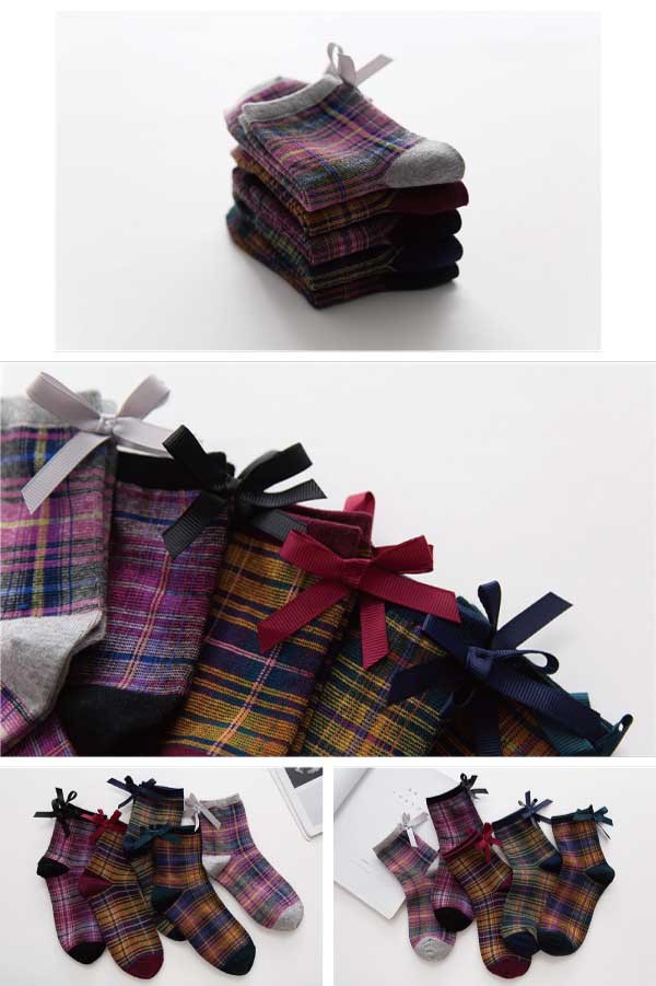 バックリボン タータンチェックショートソックス