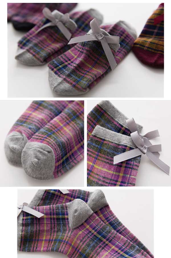 バックリボン タータンチェックショートソックス