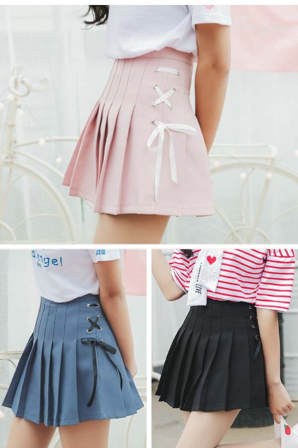 プリーツ　レースアップ　ミニスカ