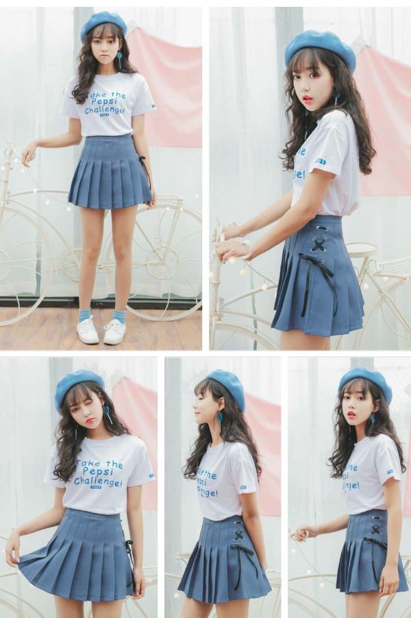 プリーツ　レースアップ　ミニスカ