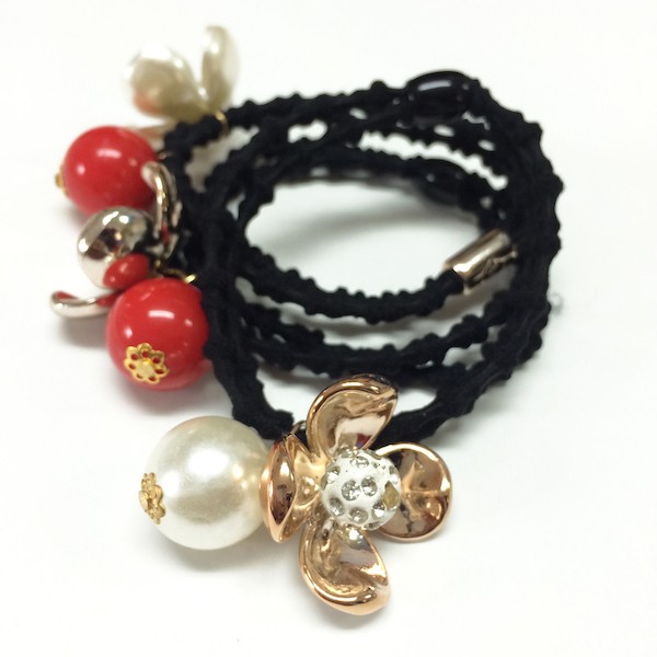 パールメタリックフラワー & パールビーズヘアゴム