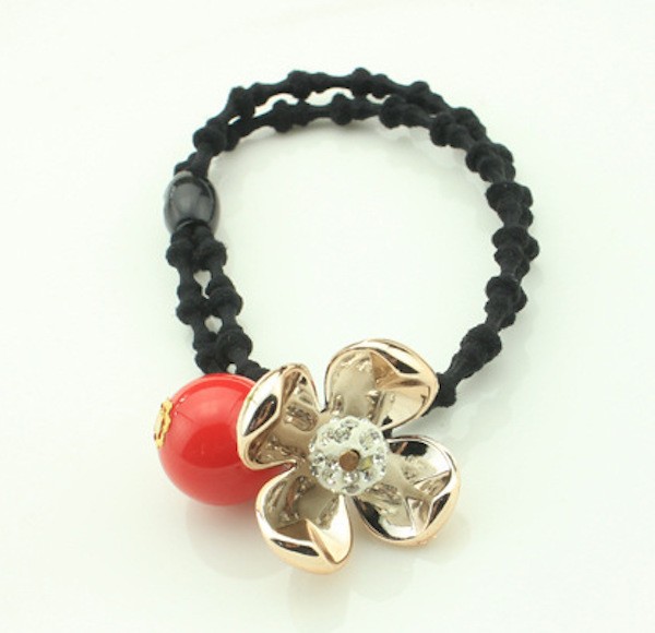 パールメタリックフラワー & パールビーズヘアゴム