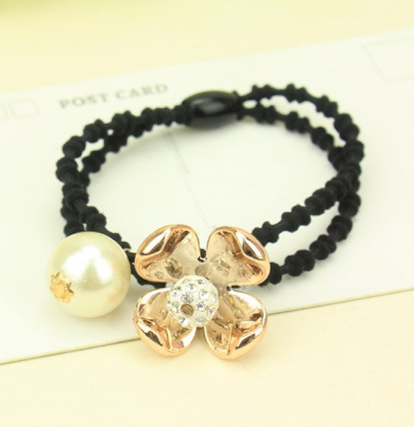 パールメタリックフラワー & パールビーズヘアゴム