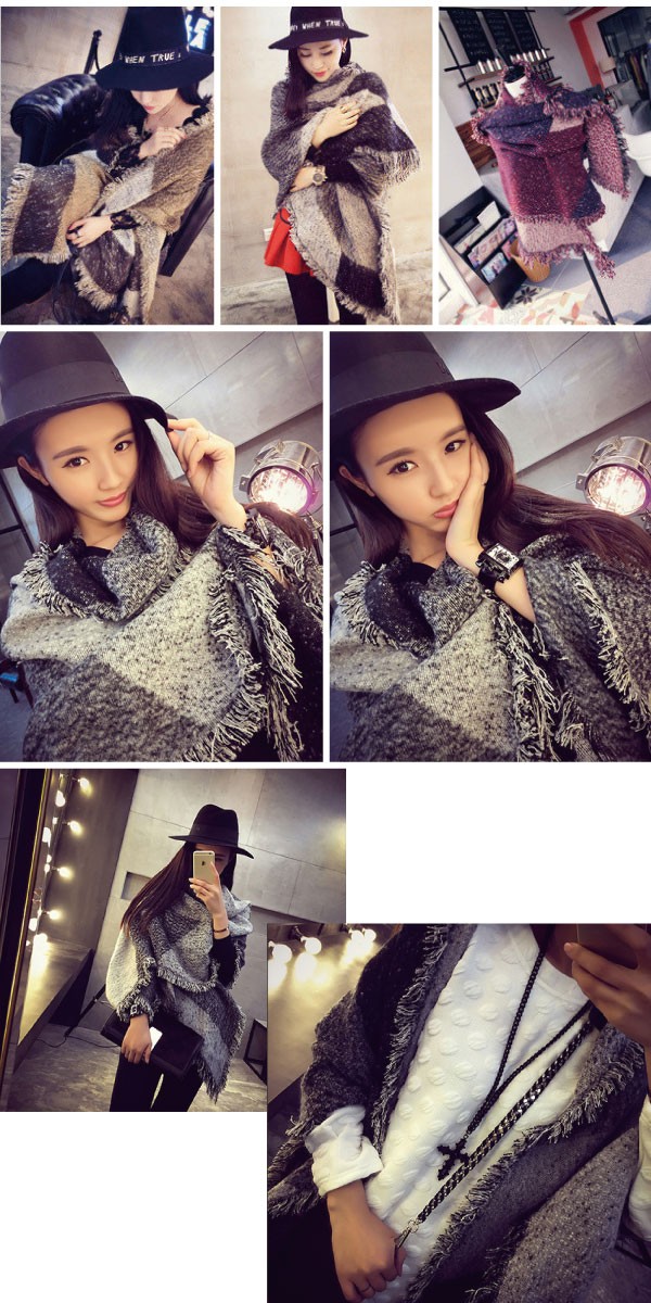 オシャレなツイード風のバイカラーフリンジ付き大判ストール