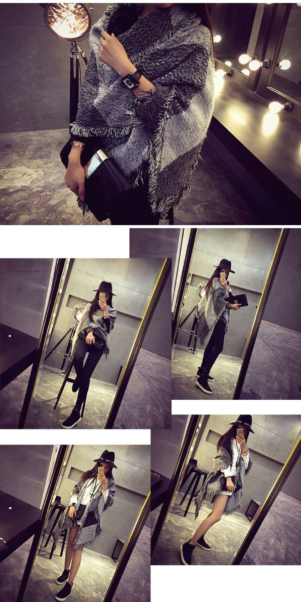 オシャレなツイード風のバイカラーフリンジ付き大判ストール