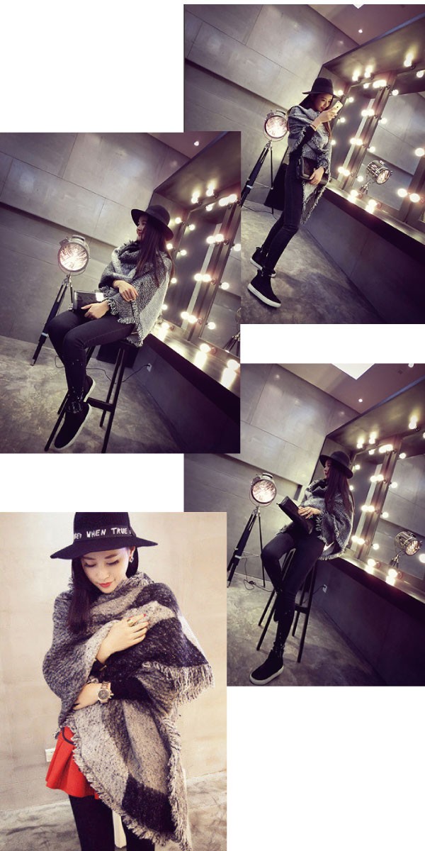 オシャレなツイード風のバイカラーフリンジ付き大判ストール