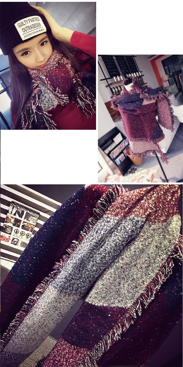 オシャレなツイード風のバイカラーフリンジ付き大判ストール