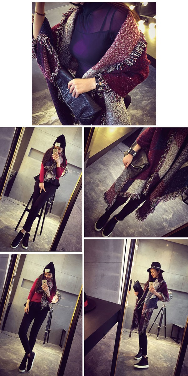 オシャレなツイード風のバイカラーフリンジ付き大判ストール