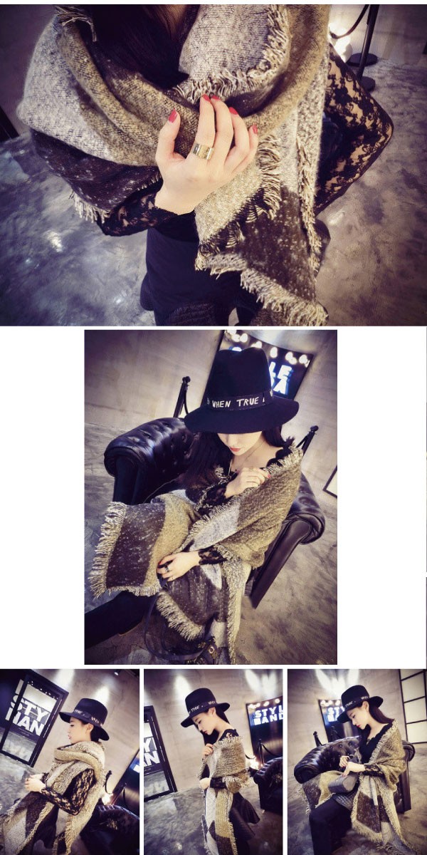 オシャレなツイード風のバイカラーフリンジ付き大判ストール