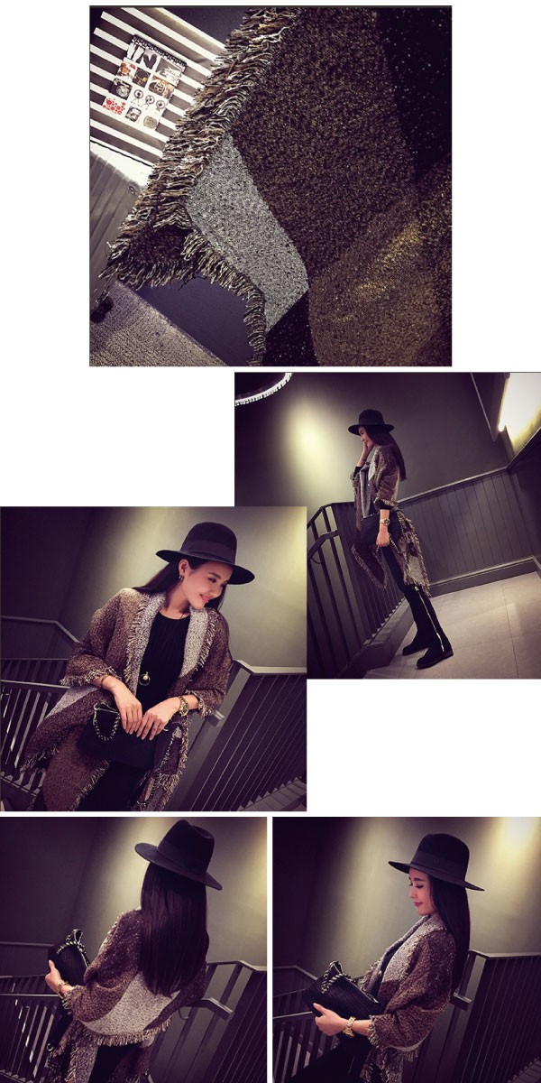 オシャレなツイード風のバイカラーフリンジ付き大判ストール