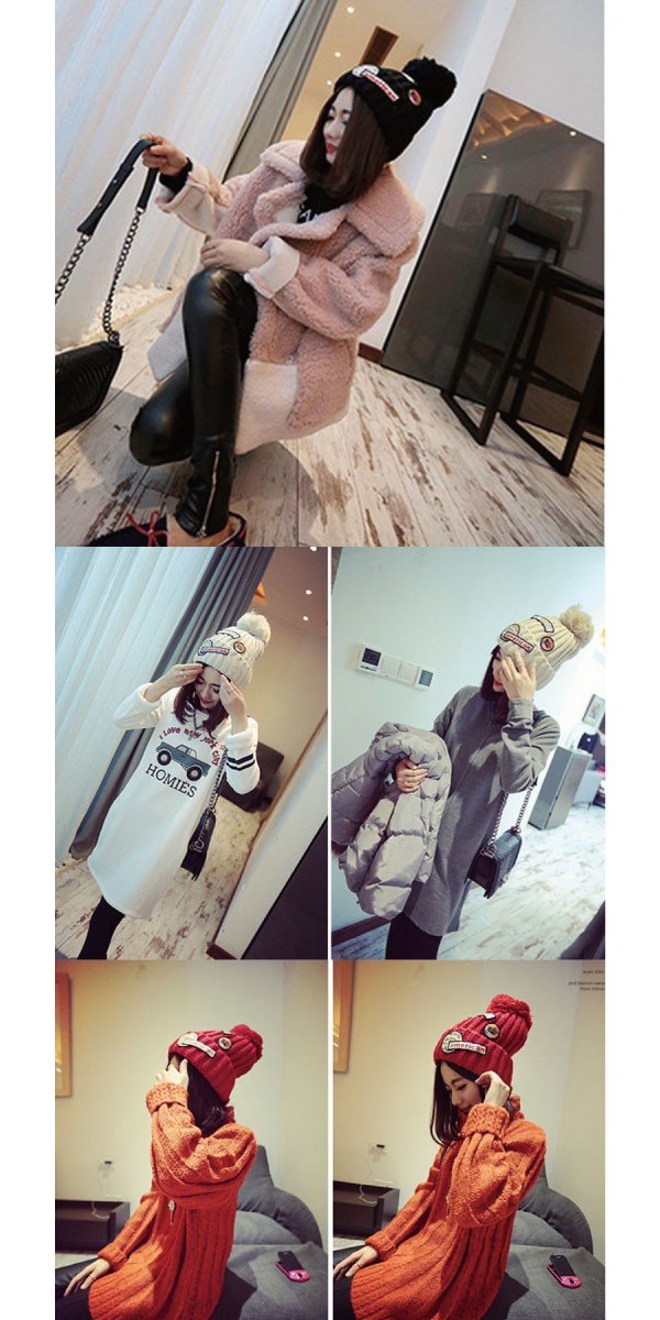 ワッペンがお洒落な♪ポンポン付きニット帽