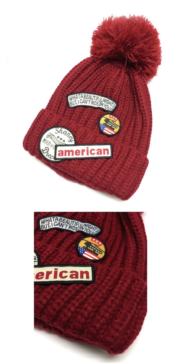 ワッペンがお洒落な♪ポンポン付きニット帽