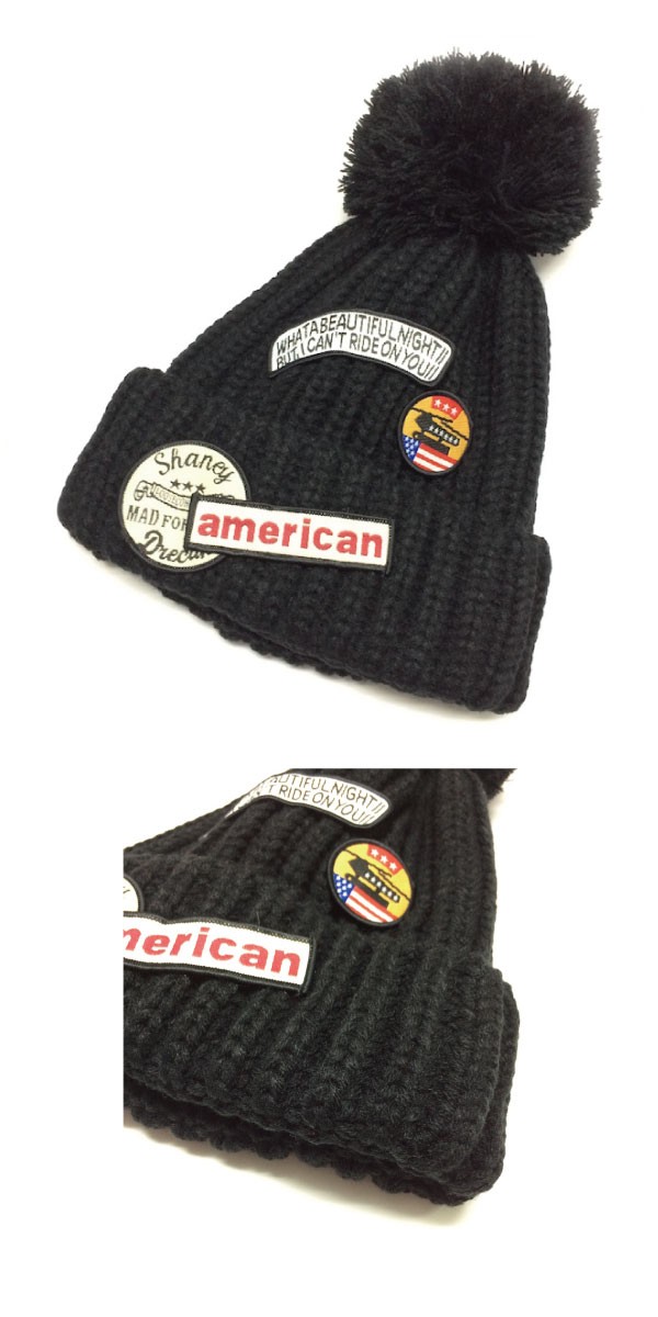 ワッペンがお洒落な♪ポンポン付きニット帽