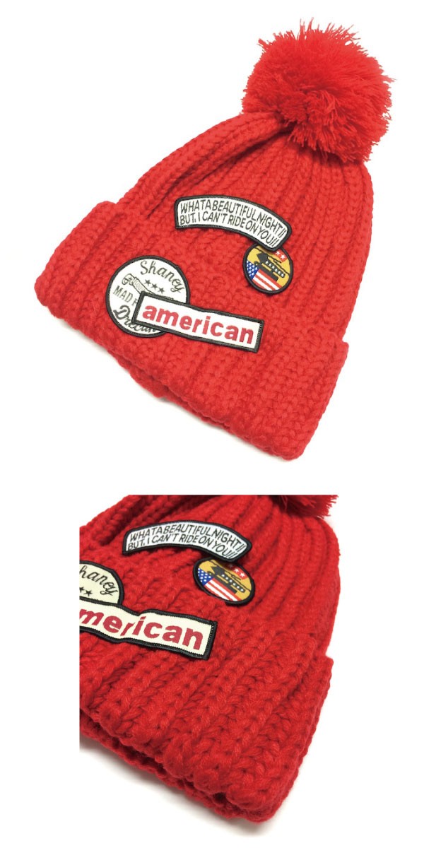 ワッペンがお洒落な♪ポンポン付きニット帽