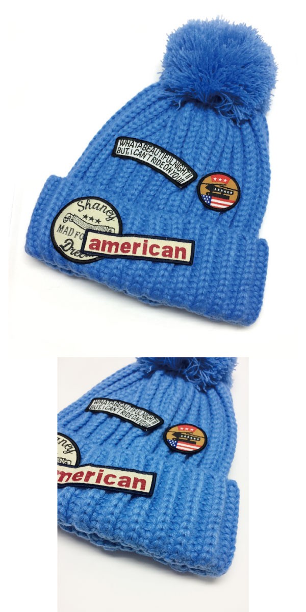 ワッペンがお洒落な♪ポンポン付きニット帽