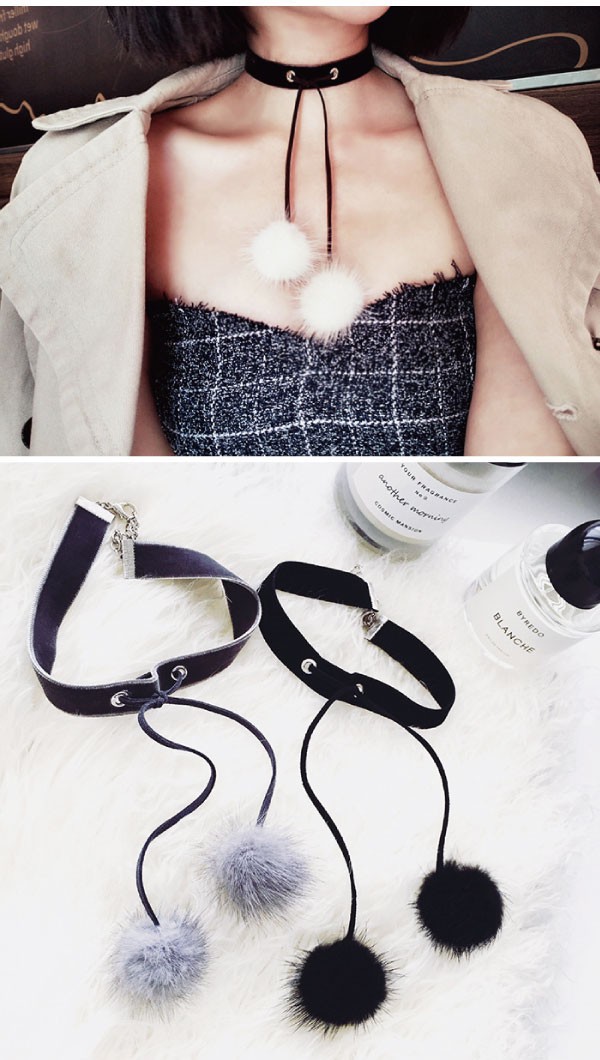 2way ポンポン付きベルベットリボンチョーカー