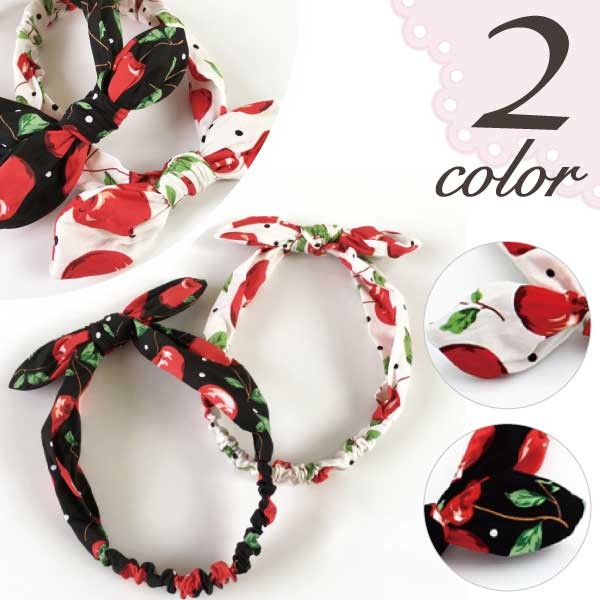 さくらんぼ&ドットのうさ耳ヘアバンド