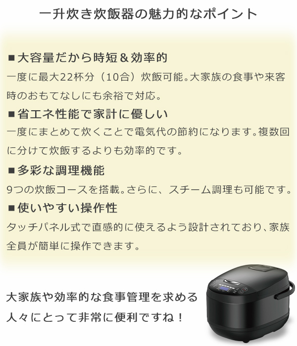 炊飯器１升 マイコン式炊飯器 一升 1.8L 10合 通常炊飯 大家族 業務用 大容量 スチーム調理 早炊き 炊込み 玄米 お粥 再加熱 保温 HK-RC1000