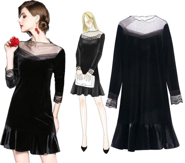 メーカー包装済 エレガントベロアワンピース結婚式 レースドレス欧米レディース 長袖 二次会 ショート丈 ミディアム パーティードレス 披露宴 のオシャレな Farmerscentre Com Ng