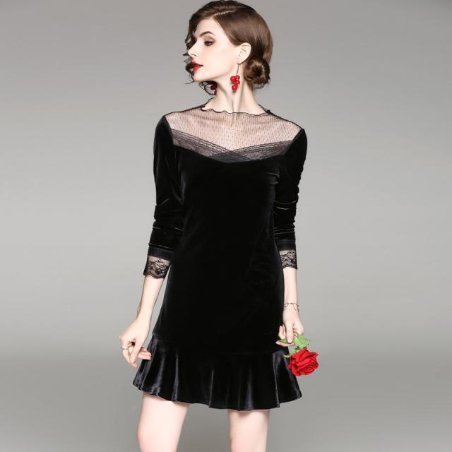 メーカー包装済 エレガントベロアワンピース結婚式 レースドレス欧米レディース 長袖 二次会 ショート丈 ミディアム パーティードレス 披露宴 のオシャレな Farmerscentre Com Ng