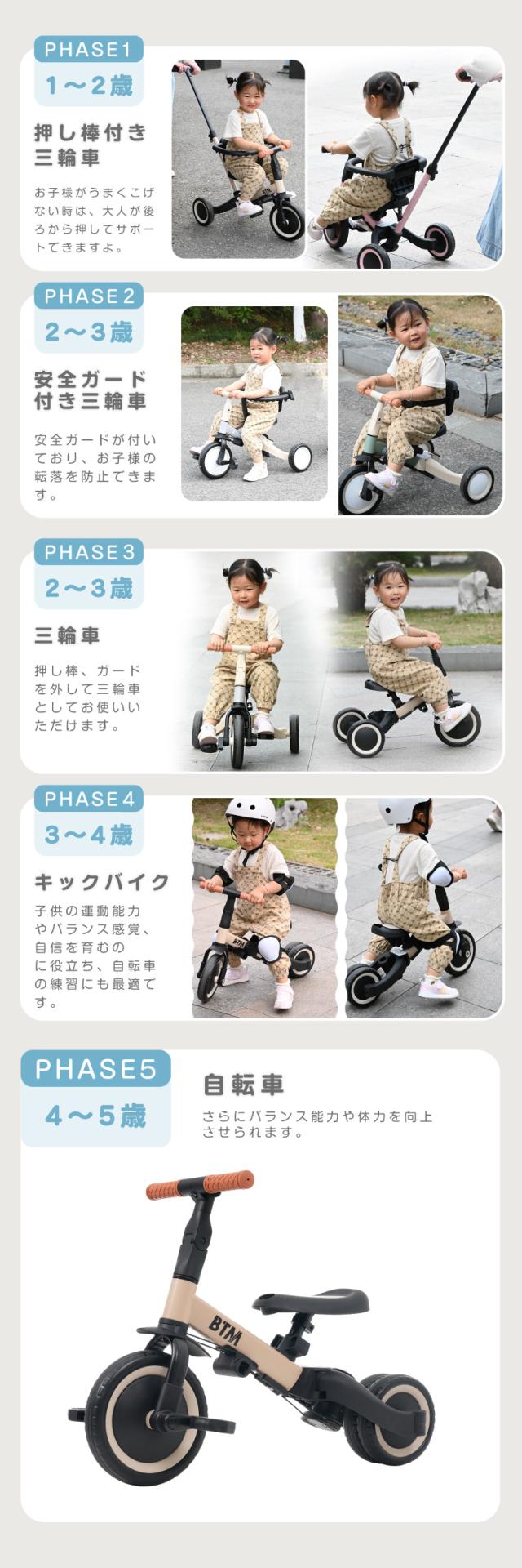 成長に合わせて長く使える5in1三輪車 手押し棒付きでお散歩や外遊びに便利な子供用自転車