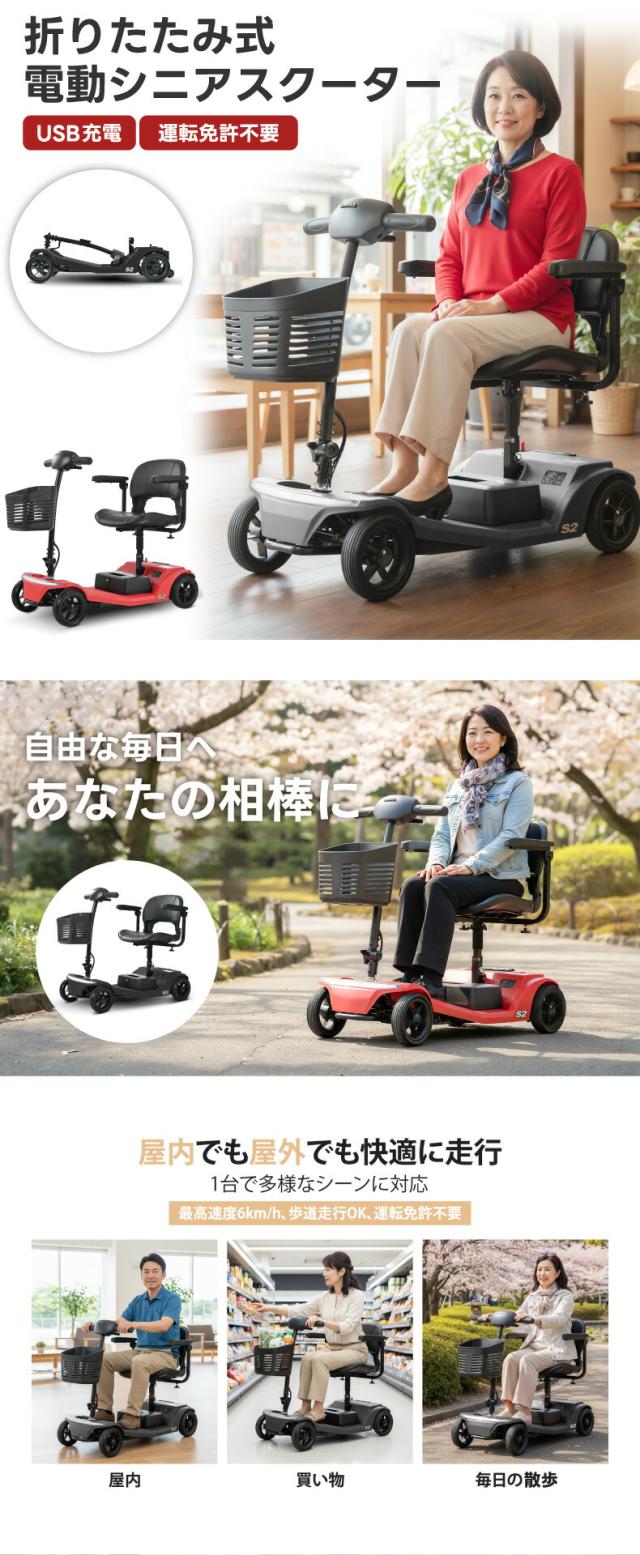 折りたたみ式 電動シニアスクーター 高齢者向け 電動シニアカー コンパクト設計