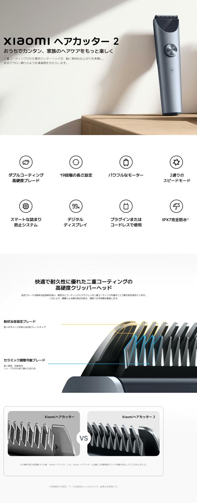 Xiaomi ヘアカッター 2 バリカン 電動ヘアカッター IPX7防水 コードレス メンズ セルフカット